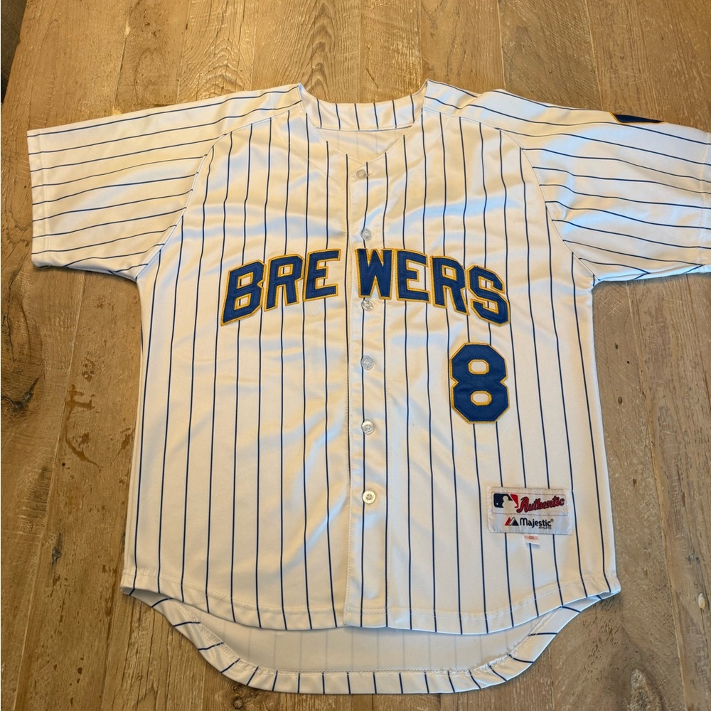 Milwaukee Brewers #8 Pinstripe Baseball Jersey - White & Blue with Gold Trim 48